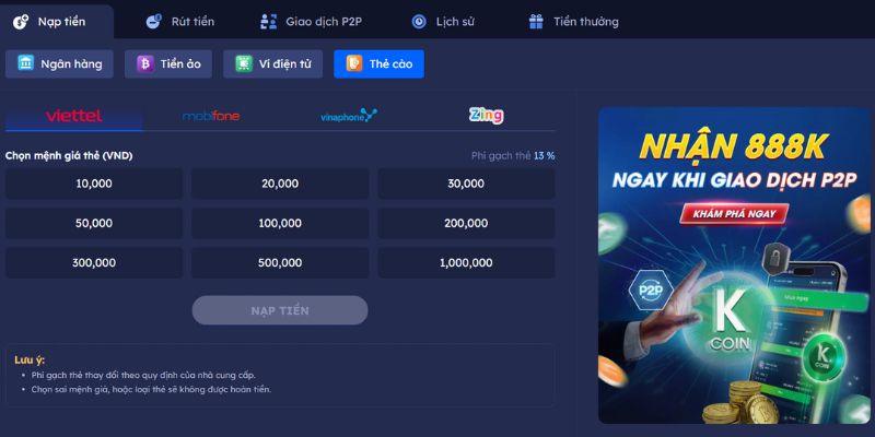 Nạp tiền vào 12BET đơn giản bằng thẻ cào 