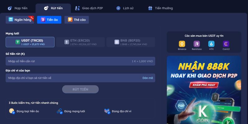 Rút tiền từ 12BET nhanh chóng qua tiền ảo